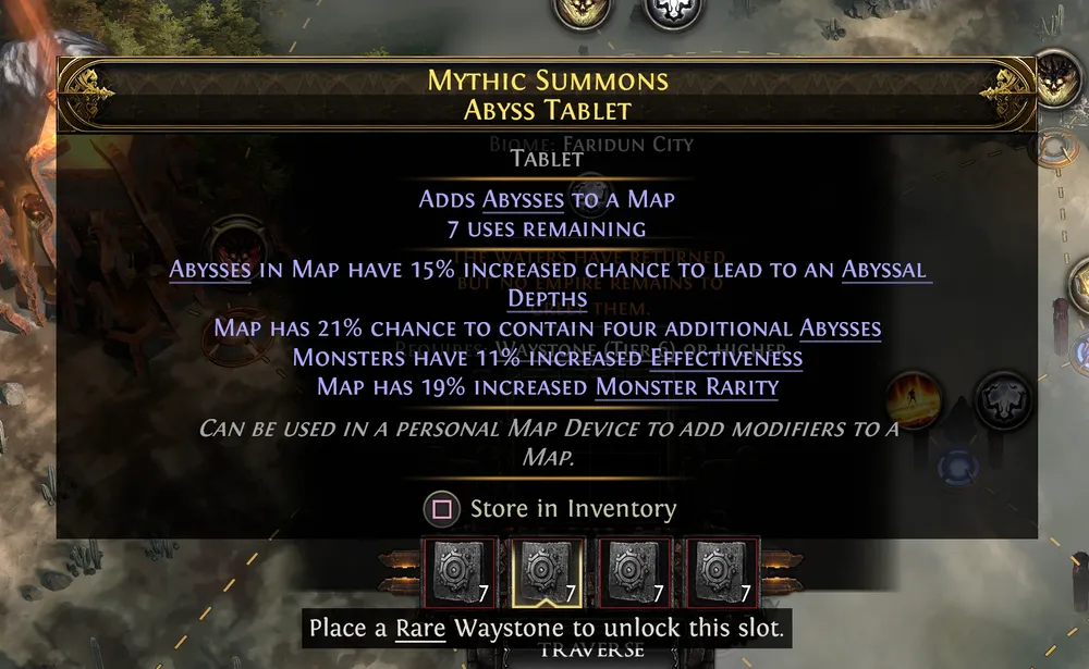 Abyss Tablet with 15% increased chance for Abysses to lead to an Abyssal Depths and a 21% chance to contain four additional Abysses