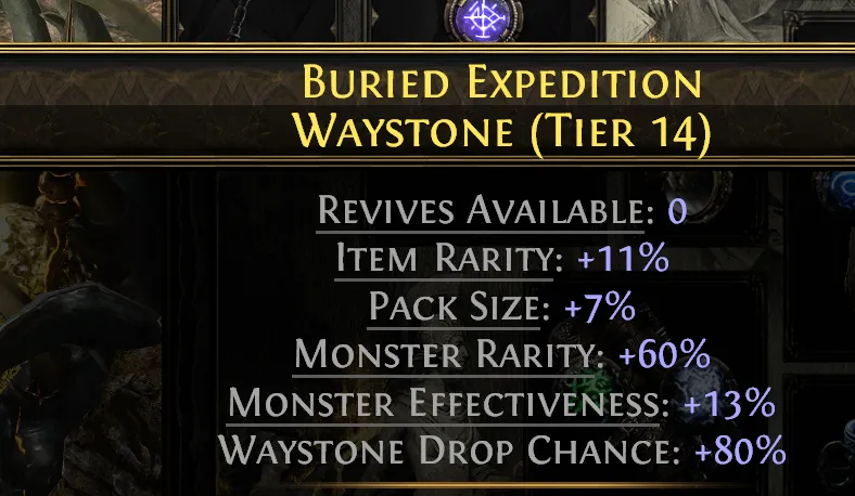Tier 14 waystone with Item Rarity 11%, Pack Size 7%, Monster Rarity 60%, Monster Effectiveness 13% and Waystone Drop Chance 80%