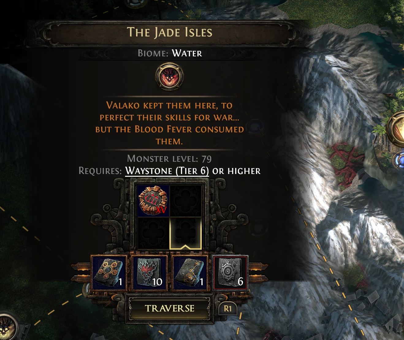 The Jade Isles node open in the map device, showing biome Water, monster level 79, and one waystone plus three tablet slots