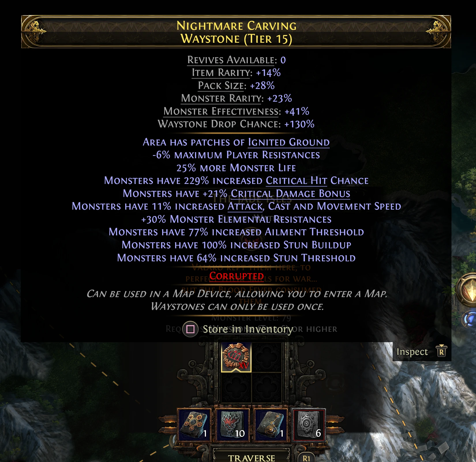 Tier 15 waystone tooltip with Waystone Drop Chance 130%