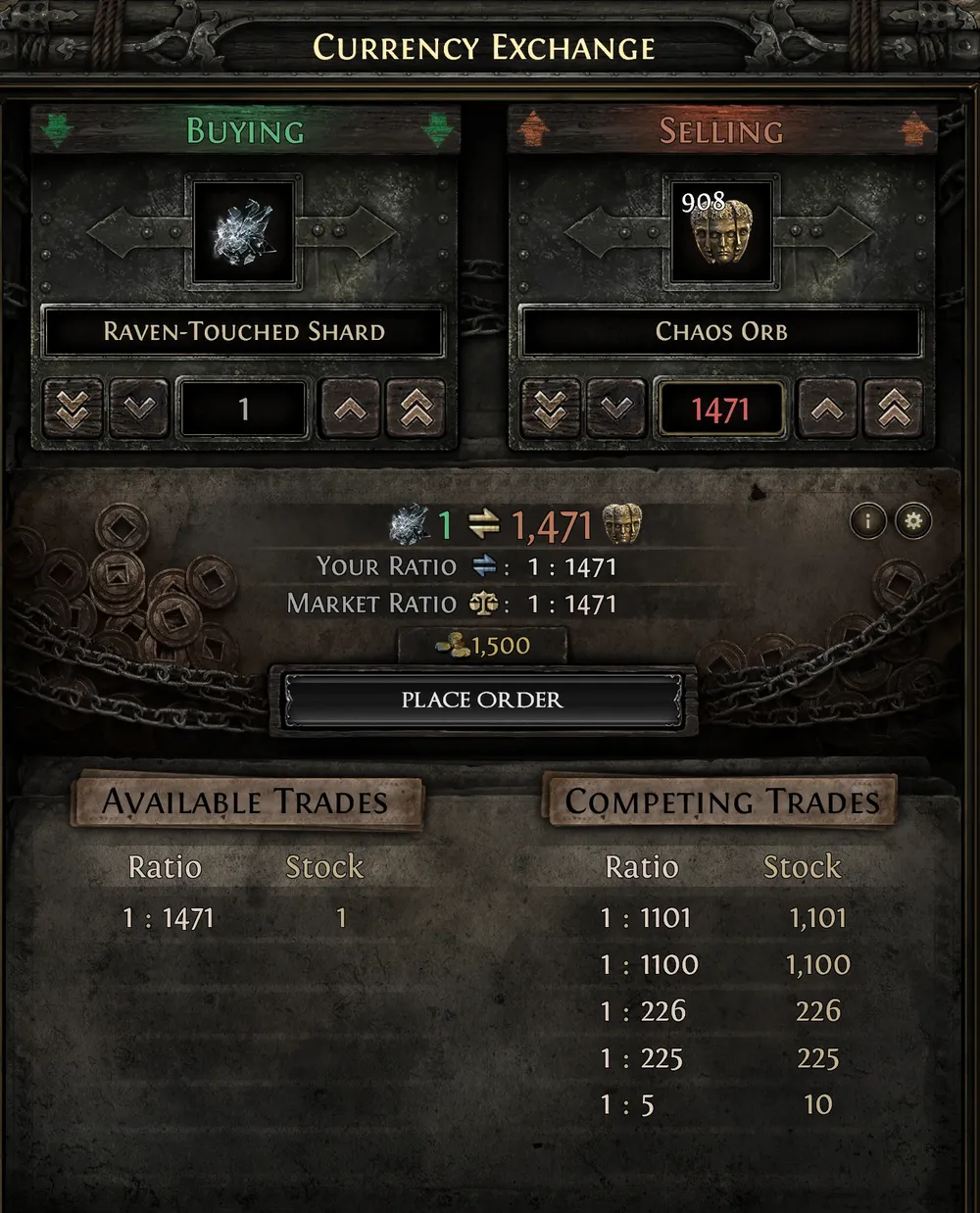 Currency Exchange showing Raven-Touched Shard against Chaos Orb, asking 1,471 with a single unit in stock and buy orders at 1,101